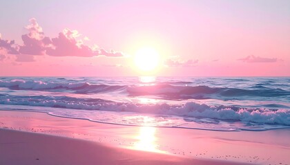 Dreamy pink sunset over the ocean, waves gently breaking on a soft, pastel beach under a cloud-dotted sky