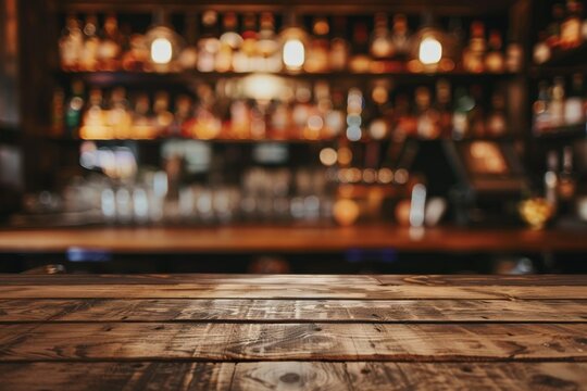 Wooden table in a bar with blurred background