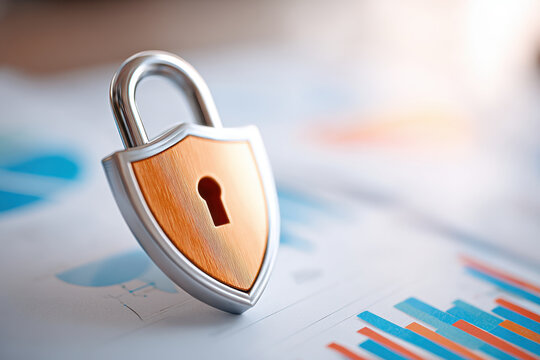 Metallic shield with padlock symbol for security