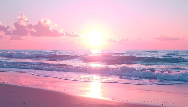 Dreamy pink sunset over the ocean, waves gently breaking on a soft, pastel beach under a cloud-dotted sky