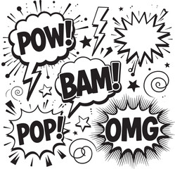 Comic speech bubbles with action words like Pow Bam Pop and Omg vector illustration for comics and graphic novels isolated on white background