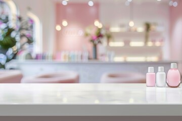 Bottles of cosmetics on a white countertop in a beauty salon