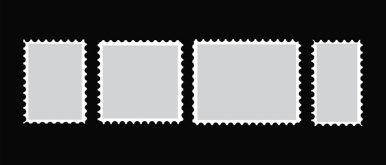 Vector postage stamp frames on black background blank mail border templates in gray color for postal design, scrapbook, correspondence, and retro vintage envelope art projects