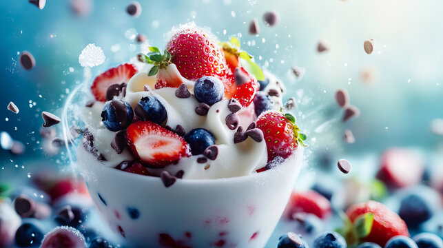 Delectable Dessert Sensation: A Symphony of Berries, Cream, and Chocolate Bliss with copy space for National Sundae Day, National Dessert Day, National Ice Cream Day