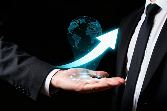 Businessman holding holographic earth globe with upward arrow in his hand on a black background