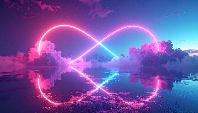 Dreamy seascape with a neon infinity symbol reflecting in the water under a cloudy, colorful sky