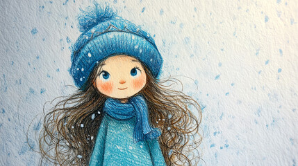 Niedliches Mädchen im Winterwald – Illustration in Blautönen