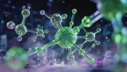 Abstract molecular structure with glowing green atoms and connections.