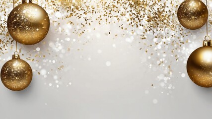 Gold christmas ornaments hanging with glittering confetti background