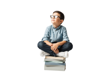 A bright-eyed 8-10 year old boy in light blue shirt, dark-rimmed glasses sits cross-legged on books against a transparent studio, gazing upwards with inspired focus, concept of intellectual growth