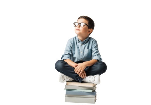 A bright-eyed 8-10 year old boy in light blue shirt, dark-rimmed glasses sits cross-legged on books against a transparent studio, gazing upwards with inspired focus, concept of intellectual growth
