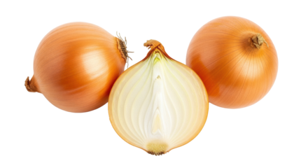Two fresh yellow onions and one half-cut, revealing crisp, translucent internal layers and central core, against a pristine transparent background. Concept of foundational purity and transparency
