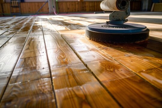 Floor polishing machine working on wooden floor