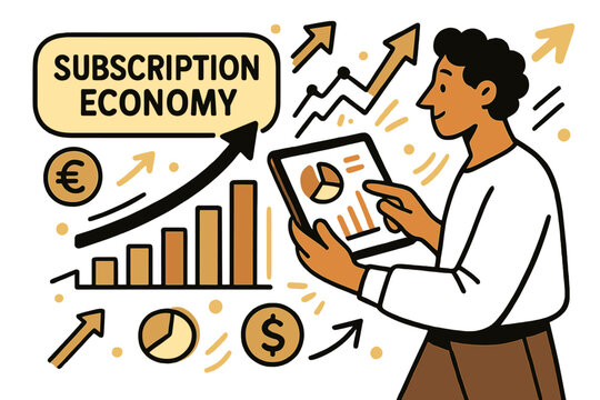 Subscription Growth Analysis. Subscription economy. Charts showing growth in memberships with person analyzing