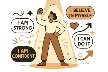 Empowered Under Spotlight. Building confidence. Person standing tall under spotlight with affirmations