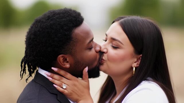 Young interracial couple sharing a passionate kiss outdoors during a romantic moment.