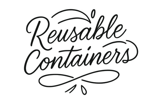 Eco-Friendly Lettering Design. Reusable Containers ? brush script hand-lettering with fluid semi-cursive strokes, thin connectors, fast brush