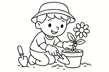 Kid's Flower Planting. Gardening children?s coloring book illustration, outlined drawing, a kid planting a flower in a pot, educational design for kids, clear