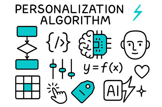 Personalization Algorithm Doodle. // Personalization algorithm. Hand-drawn doodle illustration Personalization algorithm [flowchart (accented), code brackets