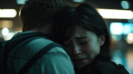 Emotional farewell scene, couple embracing, sad woman with tears and tender moments with copy space for Hug Day, Hug Holiday, Couple Appreciation Day