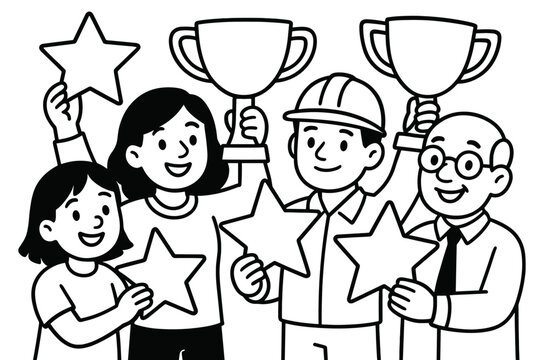 Trophy Celebration Coloring. Celebrating achievements children?s coloring book illustration, outlined drawing,