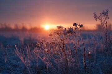 Frosty Morning Light Shines on Flowers in a Winter Field at Sunrise