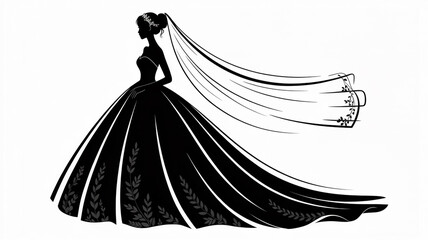 Elegant black and white silhouette of a beautiful bride in strapless ball gown wedding dress with long flowing veil, minimalist luxury fashion illustration, high contrast.