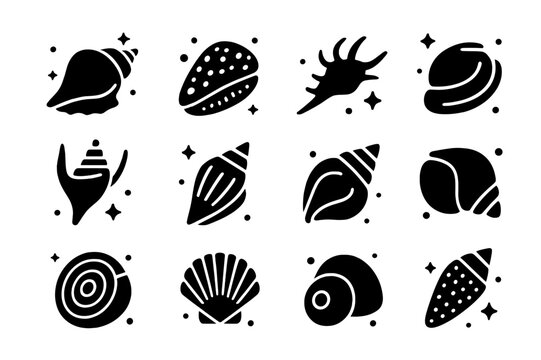 Tropical Shell Icons. Tropical Shells. Solid icons set of Tropical Shells: queen conch, tiger cowrie, triton trumpet, spider conch, harp shell, mitre shell,