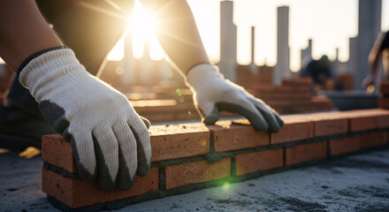 Construction Worker Laying Bricks with Mortar at Sunset