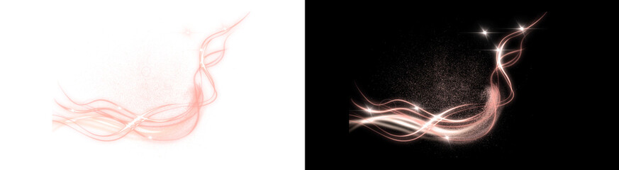 PNG image of Rose gold glitter swirl. Pink sparkling light trail with stars. Elegant magic dust effect. Isolated transparent PNG for cosmetic design.