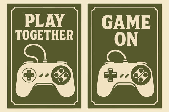 Retro Gaming Banners. Gaming Community. Two vertical A6 banners with safe margins, centered composition, no elements touching edges, retro, olive green and