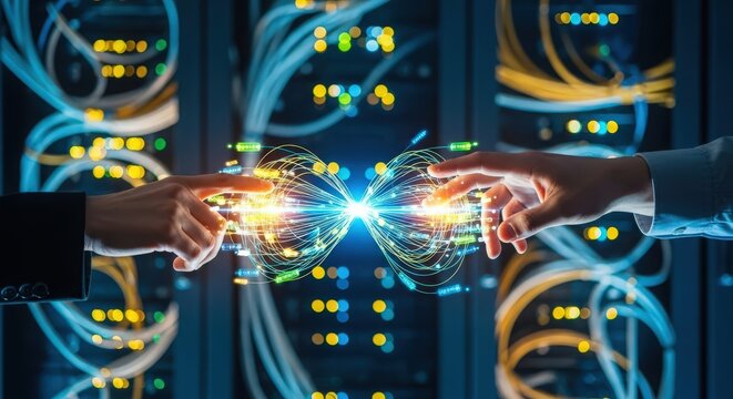 Hands connect data streams in glowing server room network visualization. Teamwork Business Technology, Teamwork Business Meeting, Teamwork Real Estate Business.