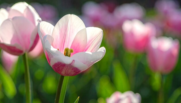 Close-up of pink and white tulips in bloom, sunlight filtering through petals in a garden setting