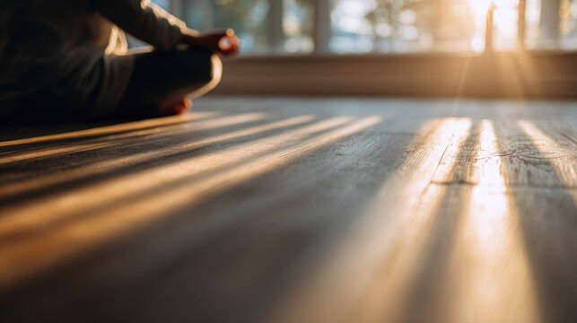 Person practicing yoga on wooden floor with sunlight filtering through leaves, minimalist composition emphasizing mindfulness