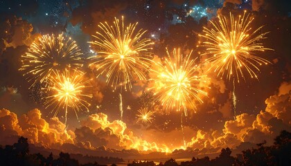 Explosions of vibrant orange fireworks burst brilliantly over a silhouetted landscape under a starlit, cloudy sky