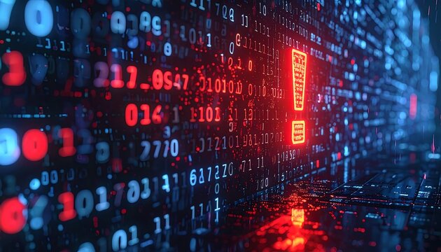Digital code backdrop, red exclamation mark amidst blue & red numerals, reflecting surface