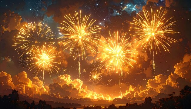Explosions of vibrant orange fireworks burst brilliantly over a silhouetted landscape under a starlit, cloudy sky
