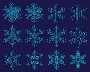 Tech Circuit Snowflake Vector Set – Futuristic Digital Winter Data Network