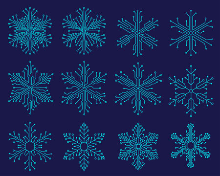 Tech Circuit Snowflake Vector Set &ndash; Futuristic Digital Winter Data Network