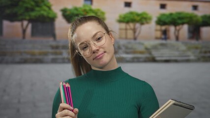 Woman wearing green sweater points finger at colored pencils and holds sketchbook in building; creative inspiration. - Powered by Adobe