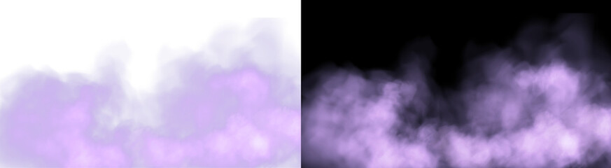 Purple smoke overlay. Abstract fog or cloud border. Spooky magic vapor effect. Isolated transparent PNG element.