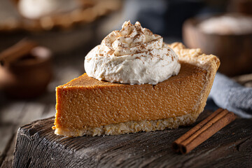 Slice of pumpkin pie with whipped cream and cinnamon.