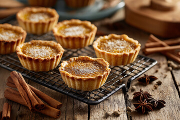 Mini pumpkin tarts with cinnamon sticks and star anise.