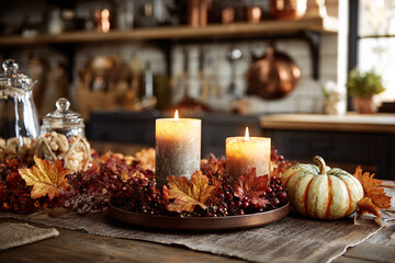 Autumnal table setting with candles, pumpkins, and fall foliage for a cozy atmosphere.