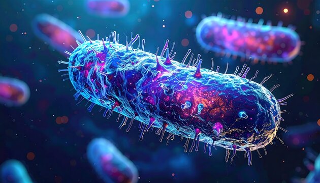 Close-up renders of microscopic, blue and pink cells with spiky appendages, floating in a dark space