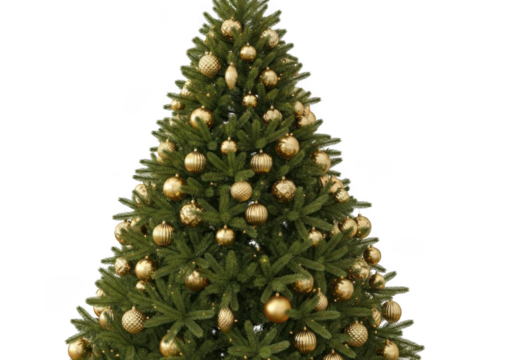 A beautifully decorated christmas tree with golden ornaments, isolated on a transparent background