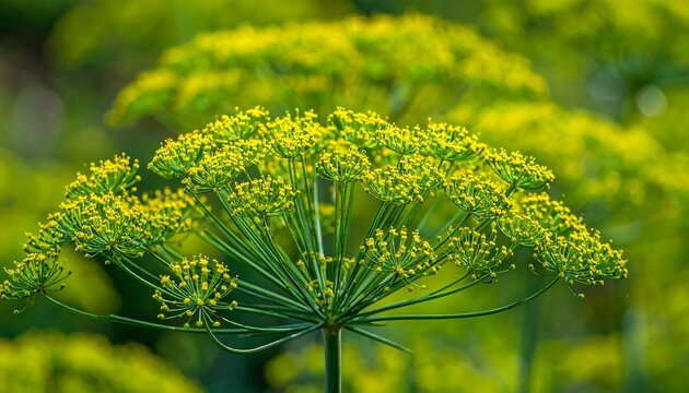 Dill flower head with yellow blossoms against green foliage, close-up view, bright lighting