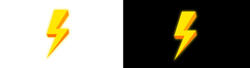 3D lightning bolt icon. Yellow flash symbol with glow. Power or energy sign. Isolated transparent PNG element.