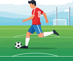 Obraz premium Male Soccer Player Dribbling Ball on Green Field Sports Action Illustration