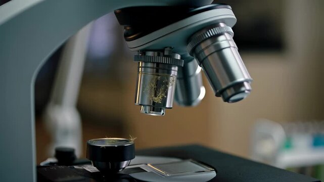 A well-equipped laboratory shows a microscope on a table beside slides and glassware. Researchers prepare samples for analysis in a bright, organized space designed for scientific exploration.